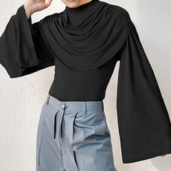 Hearujoy French Swing Neck T-shirt For Men Long Bat Sleeve Design High Collar Slim Fit Top Spring Autumn Fashion Solid Tshirts Streetwear