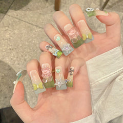 YICKYUE  -  10pcs Cute Bear Handmade Nails Spicy Girl Duck-bill Press on Nails Korean Mid-length False Nails Tips French Edge Design