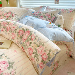 YICKYUE  -  Elegant Floral Cotton Duvet Cover Set Watercolor Flowers Striped Pattern Comforter Covers 3 Pieces Soft Breathable Bedding Sets