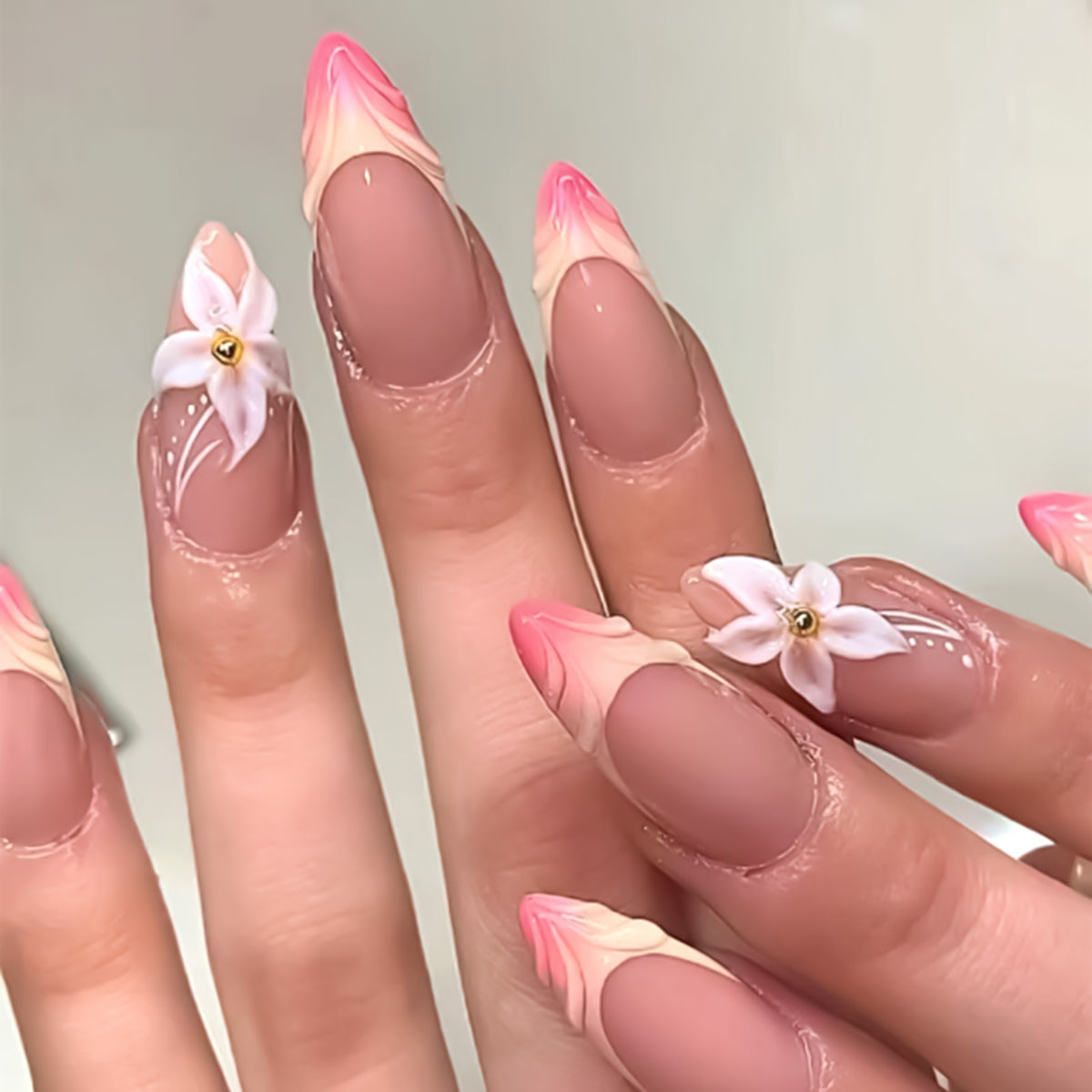 YICKYUE  -  24pcs Long Almond Fake Nails Press On Acyrlic Nails Wearable White French False Nails with 3D Purple Crystal Flower Decoration