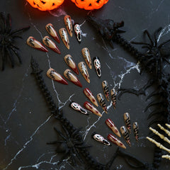 YICKYUE  -  24pcs Halloween Ghost Red French Fake Nails Press On Almond Nails Full Cover Long Stiletto False Nails with Blood Drops Designs