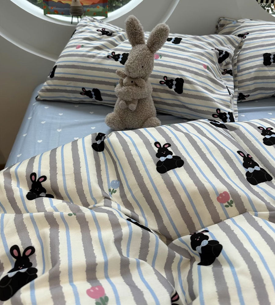 YICKYUE  -  Cute rabbit blue grey stripe bed set 1.2 1.5 1.8 2.0,twin full queen king cotton home textile bed sheet pillow case quilt cover
