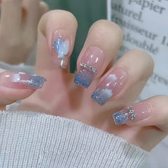 24P Full Coverage Detachable Coffin False Nails Blue Starry Sky with Diamond Wearable French  Long Ballerina Press on Nails Art
