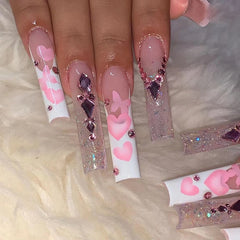 Yickyue 24Pcs Square Glitter False Nails Long Ballet Fake Nail French Love Butterfly Design Rhinestone Nail Tips Wearable Press on Nails