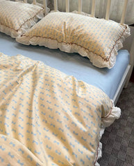 YICKYUE   -  Fashion kawaii bow yellow blue bedding set,twin full queen fairyfair cute cotton home textile bed sheet pillow case quilt cover
