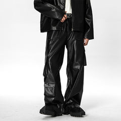 Hearujoy High Street Punk Style Leather Pants For Men Hip Hop Multi Pocket Straight Cargo pants Spring Autumn American Retro PU Trousers