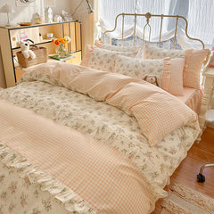 YICKYUE  -  Korean Style Pastoral Style Cotton Double-Layer Yarn Four-Piece Set Small Floral Ruffled Cotton Quilt Cover Super Soft Nude Sleeping Bedding