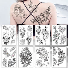 49 Designs Waterproof Temporary Black Sketchs Flowers Tattoo Stickers Flash Fake Body Tattoos for Women
