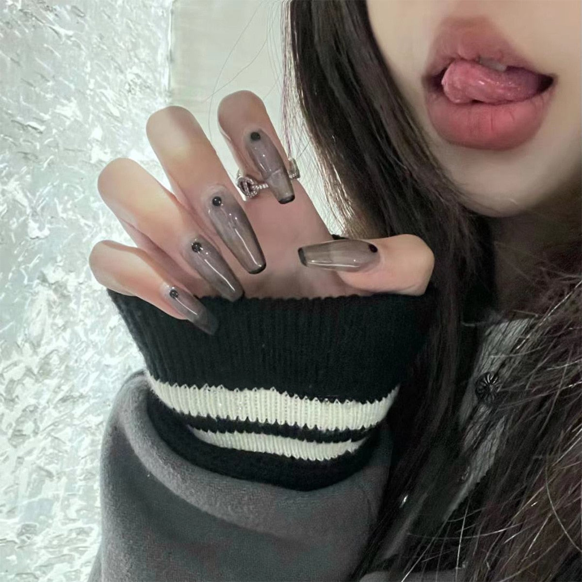 Long Coffin Fake Nails French Black Point Transparent Manicure Removable False Nails with Glue Women Ballerina Nail Art Tips