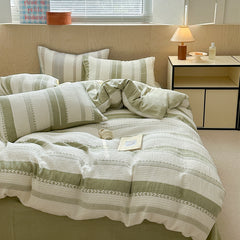 YICKYUE  -  Seersucker Bedding Set, 100% Cotton, Color Block Stripe, Duvet Cover, Cozy Japanese Style, Bed Linens, Home, King, Queen,Textile