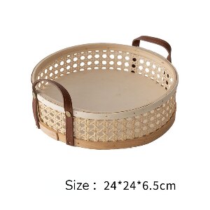 Round Rattan Woven Tray Decorative Tray with Leather Handle, Vanity Tray Organiser for Kitchen Home Serving, Storage and Display