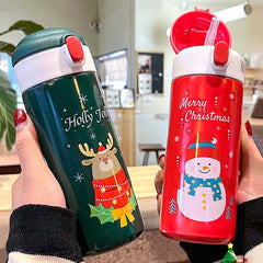 Yickyue New Cute Christmas Thermos Water Bottle With Straw For Kids Vacuum Insulation Drinking Bottles Thermo Cup Couple Christmas Gift