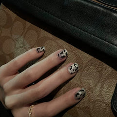 24pcs/Set Cow Square Head False Nail Tip Leopard Moon Metal Decal Short Design False Nails Girls Full Beauty Artificial Nail