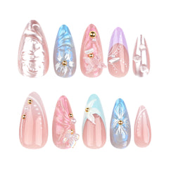 YICKYUE  -  24pcs 3D Flower Fake Nail Patch French Almond Summer Sea Shell Decor False Nail Full Cover Wearable Press on Nails Tips for Girl