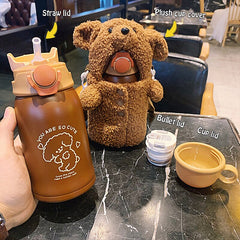 Yickyue Kawaii 450ml Stainless Steel Kids Thermos Water Bottle With Straw Cute Plush Cup Cover Baby Student Thermal Water Cup Girl Gifts