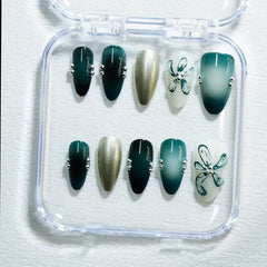 YICKYUE  -  Y2K Handmade Press On Nails 10pcs Set - Almond Shaped, Short, Glossy, Mixed Color with 3D Floral & Rhinestone, Includes Jelly Glue & Nail File