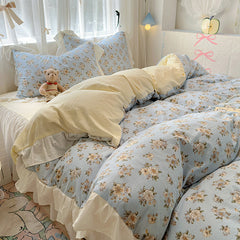 YICKYUE  -  Bedding Set Korean Style New  Small Floral Water Washed Cotton Lace Duvet Cover Set Queen Size