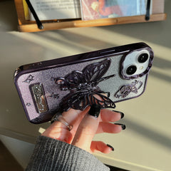 YICKYUE  -  Electroplated Butterfly Bracket Phone Case For iPhone 16 15 14 13 12 11 Pro Max Glitter Powder Card Shockproof Cover