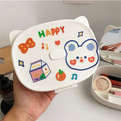 Kawaii Desktop Makeup Organizer Box with Mirror Portable Cosmetics Organizer Cat Ear Storage Vanity Mirror Desktop Organizer Box