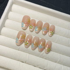 YICKYUE  -  10Pcs Cute French Handmade Press on Nails Full Cover 3D Colorful Flower Design Oval False Nails Wearable Manicure Nail Tips Art