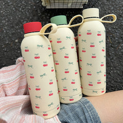 YICKYUE  -  Kawaii Cherry Thermos Bottle With Handle Coffee Cup 500ml Stainless Steel Tumbler Cute Travel Gym Scool Water Bottle For Girl