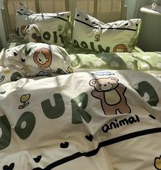 Yickyue  -  Cute cartoon bear lion elephant bedding set,twin full queen green lovely cotton home textile bed sheet pillow case quilt cover