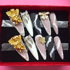 Rose Angel Design Y2K Press On Nail Coffin Fake Nails With Glue Reusable Handmade Stiletto False Nails Tips Art DIY Manicure