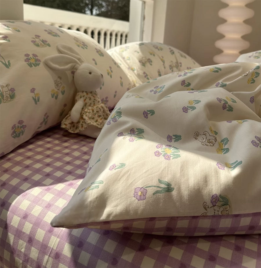 YICKYUE  -  Romantic rabbit floral purple plaid bedding set kid,twin full queen kawaii cotton home textile bed sheet pillow case quilt cover