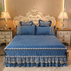 Romantic Luxury Velvet Quilted Bedspread Thicken Fine Flannel Embroidery Lace Bed Skirt King Bed Cover Not Including Pillowcase
