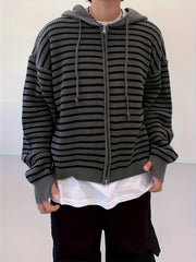 HEARUJOY  -  Men's Casual Striped Hooded Knit Cardigan - Soft Acrylic Zip-Up Sweater, Loose Fit for All Seasons, Black & White Vertical Stripes, Perfect for Commuting or Leisure Outings, Allseason Sweater | Zipup Cardigan | S