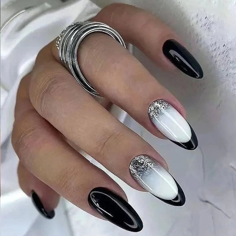 Yickyue 24Pcs Almond False Nails Black and White Glitter with French Design Wearable Fake Nails Full Cover Press on Nails Tips Manicure