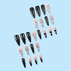 YICKYUE  -  24pcs Chinese Wintersweet Press on Nails Black White Dot Printed Fake Nail Tips for Girl Women Wearable Long Almond False Nails