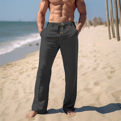 Hearujoy Cotton Linen Casual Pants For Men Solid color Buttoned Loose Comfort Ventilate Long Trousers Spring Summer Beach Pant Streetwear
