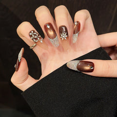 YICKYUE  -  10pcs Luxury Handmade Long Oval Press on Nail Sparkling French Cat Eye Fake Nails Shiny Rhinestone Decor Coffee Color False Nail