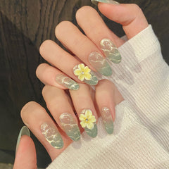YICKYUE  -  10pcs Handmade Mint Green Press on Nails 3D Yellow Flower Decor Fake Nails Wearable Glitter Gradient Cat Eye False Nail Tips