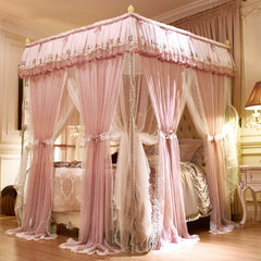 Pink Gray Green Double-deck Romantic White Lace Luxury Palac Style Three-door Quadrate Floor-standing Mosquito Net Bedding Set