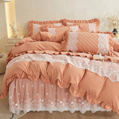 Yickyue Elegant Brushed 4pcs Bedding Set Queen King Size Lace Duvet Cover Set Quilted Bedspread with Ruffle Skirt and 2 Pillow Shams
