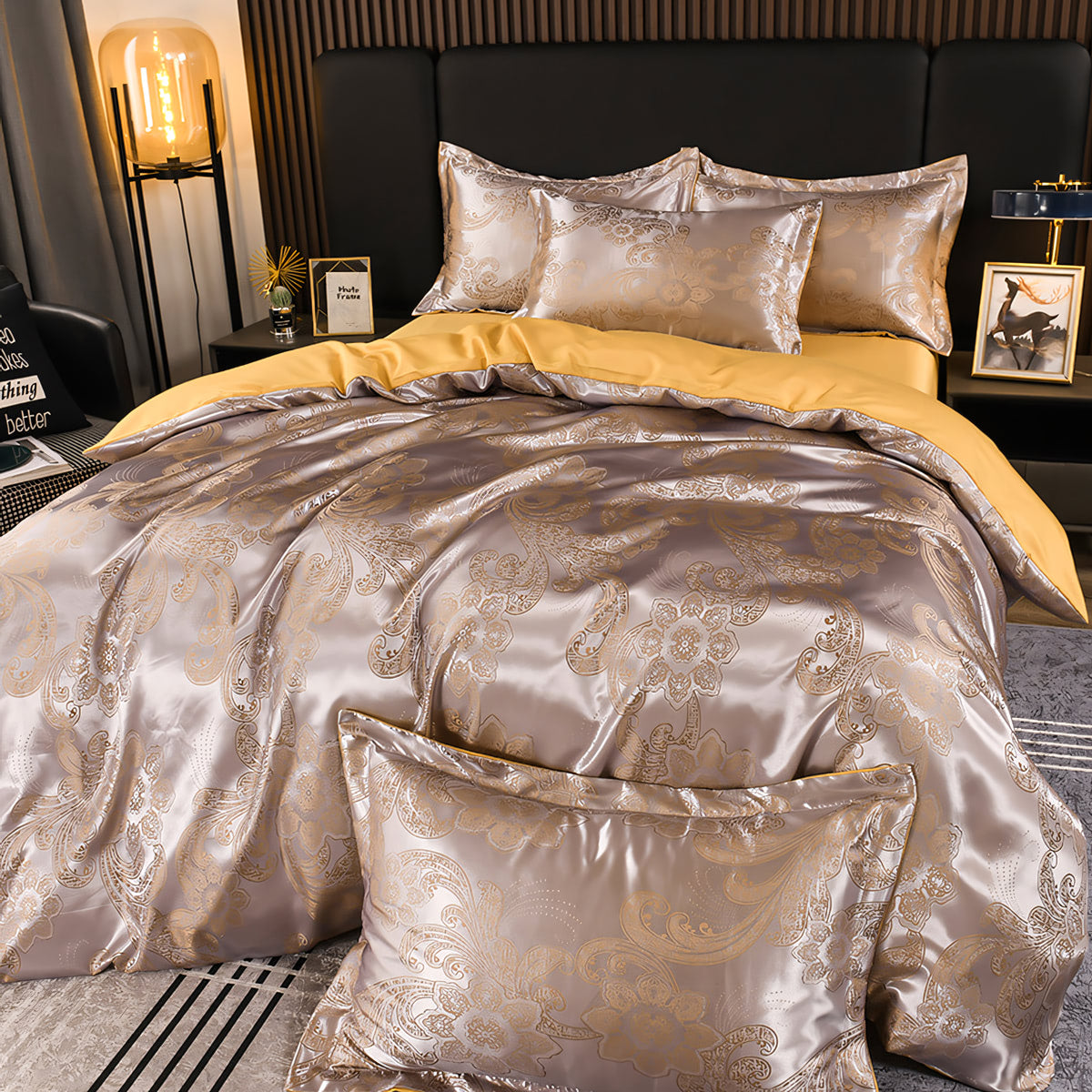 Yickyue - Beautiful Floral Jacquard Satin Bedding Set Full Queen King Size