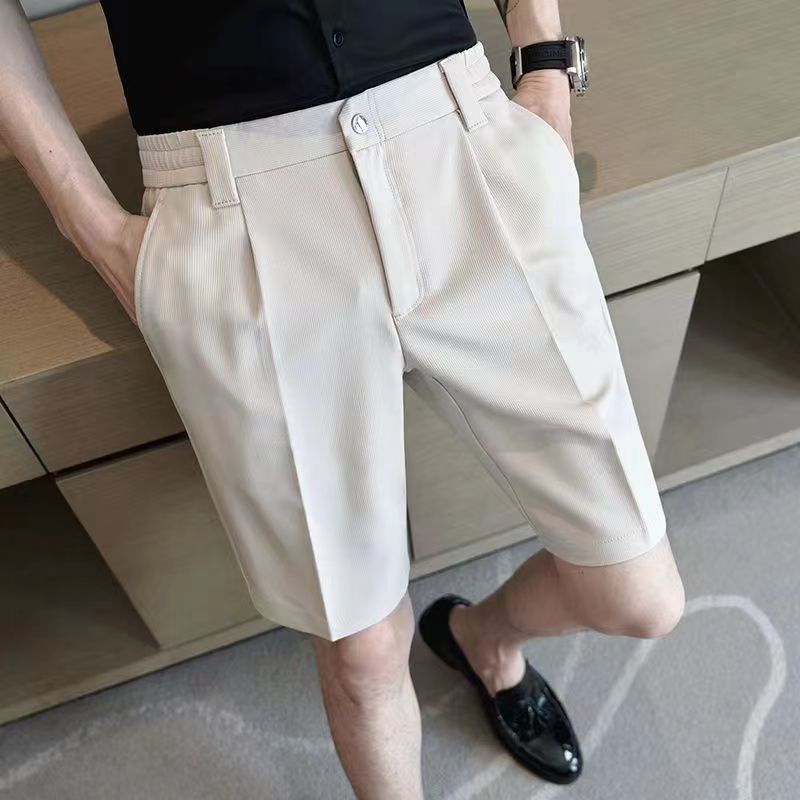 Hearujoy Summer Fashion Men Suit Shorts Ice Silk Slim Fit Straight Knee Length Pants Korean Trendy Light Luxury Short Trousers Streetwear