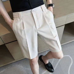 Hearujoy Summer Fashion Men Suit Shorts Ice Silk Slim Fit Straight Knee Length Pants Korean Trendy Light Luxury Short Trousers Streetwear