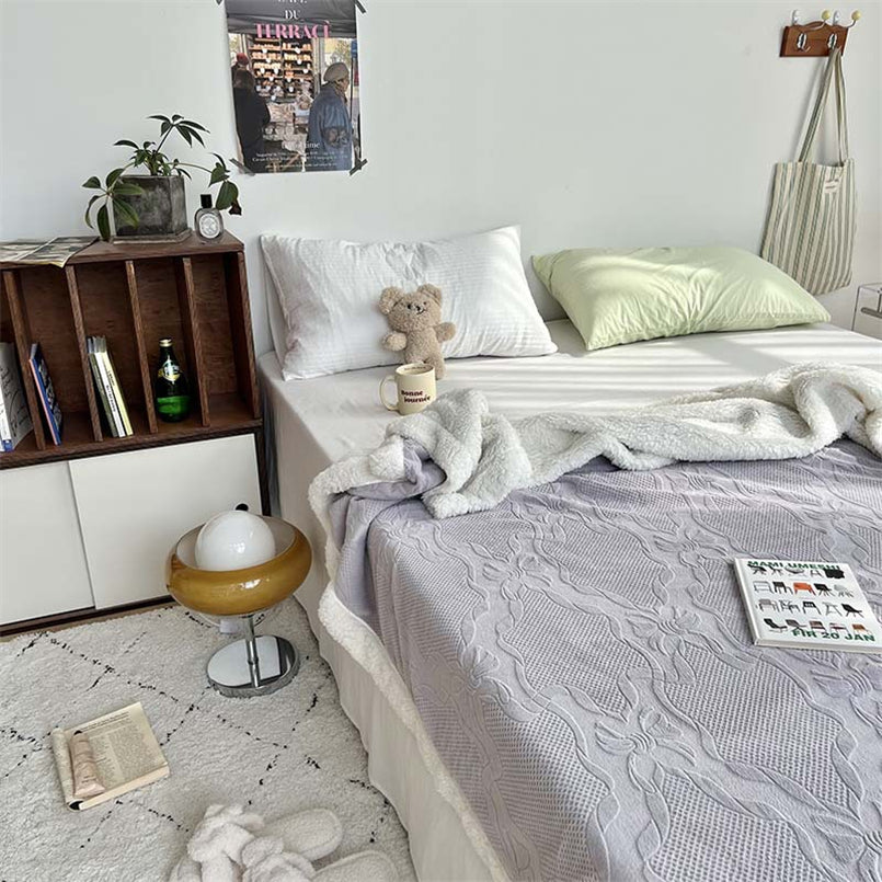 YICKYUE  -  Ins Style Bow Jacquard Milk Velvet Blanket Solid Color Double Layer Soft Sofa Cover Blanket Office Casual Warm Shawl Blanket