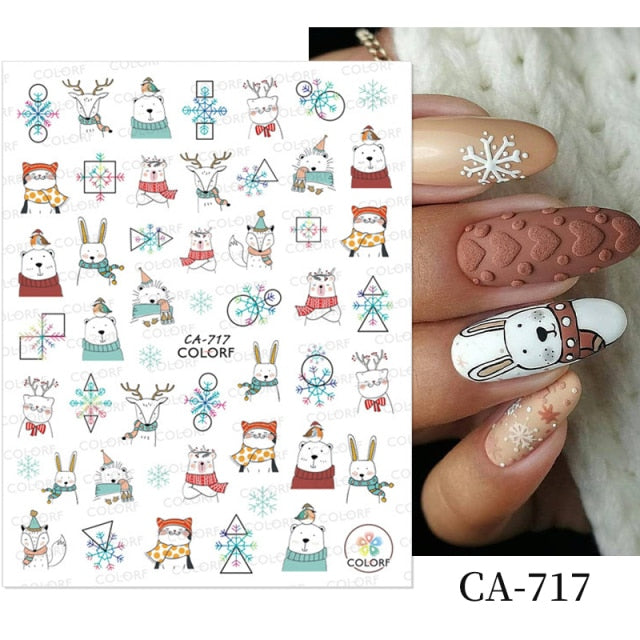 Winter Xmas 3D Nail Sticker Christmas Elk Santa Snowflake Rabbit Cartoon Slider Design Polish Nails Decals Nail Art DIY Decor