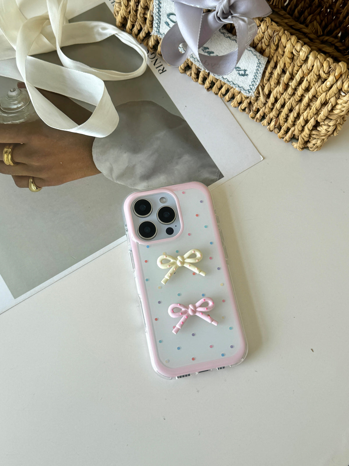 YICKYUE  -  ins Cartoon Colorful Dots 3D Pink Yellow Bow Bead Bracelet Phone Case for iPhone 16 15 14 13 Pro Max Back Cover Fund