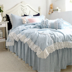 YICKYUE  -  100% Cotton Bedding Set Luxury Blue Plaid Printing Princess Lace Duvet Cover Bed Skirt Bedspread Pillowcases Home Textile