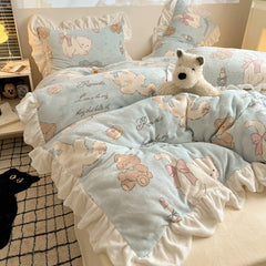 French Ruffled Embossed Cute Animal Milk Velvet 4-Piece Set