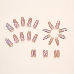 Yickyue Mid Length Ballet False Nails With Gradient Flashing Ripples Fake Nails Finished Product Wholesale Detachable Full Cover Acrylic