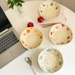 Yickyue Ceramic Salad Bowl Hand Pinched Irregular Flower Cream Yellow Yogurt Bowl ins korean style Oatmeal Breakfast Flower Bowl Kitchen