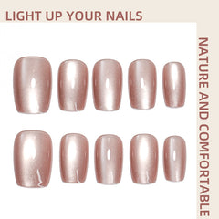 YICKYUE  -  Naked Pink Cat Eyes Handmade Press on Nails Wearing Armor Square Short Armor Simple Solid Color Cute Nail Art