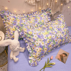 Yickyue  100% Cotton Pillowcase Nordic Ins Flower Printing Lotus Leaf Lace Pillow Core Protection Cover Bedside Cushion Cover