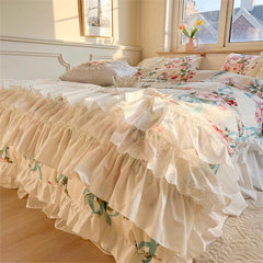 Yickyue Bedding Set Luxury Bed Set Queen Size Lace Ruffle Designer Bedding Set Floral Bed Cotton Linen Western Europe Bedding Sets Gift